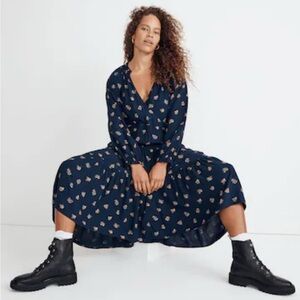Madewell Navy Challis Floral Long Sleeve Dress